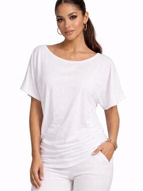 MISIFI White Ruched Side Short Sleeve Top Size L Soft Stretch Blouse.